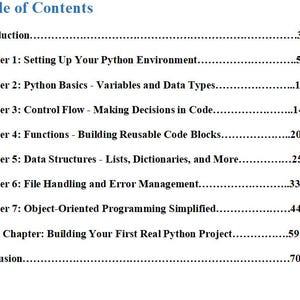 Puede incluir: Un &iacute;ndice de un libro, con el t&iacute;tulo "Table of Contents" en azul en la parte superior. El texto enumera cap&iacute;tulos sobre programaci&oacute;n en Python, incluyendo la configuraci&oacute;n del entorno, estructuras de datos y programaci&oacute;n orientada a objetos.