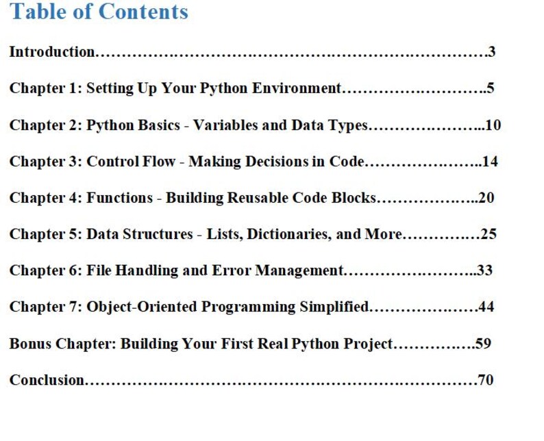 Puede incluir: Un &iacute;ndice de un libro, con el t&iacute;tulo "Table of Contents" en azul en la parte superior. El texto enumera cap&iacute;tulos sobre programaci&oacute;n en Python, incluyendo la configuraci&oacute;n del entorno, estructuras de datos y programaci&oacute;n orientada a objetos.