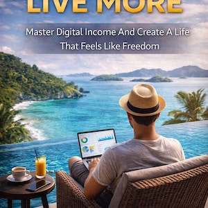 Könnte beinhalten: Buchcover mit dem Titel "WORK LESS, LIVE MORE" und dem Slogan "Master Digital Income And Create A Life That Feels Like Freedom." Das Bild zeigt eine Person, die an einem Laptop an einem Pool mit Blick auf das Meer arbeitet. Der Name des Autors, FLORIN DANIEL, steht unten.