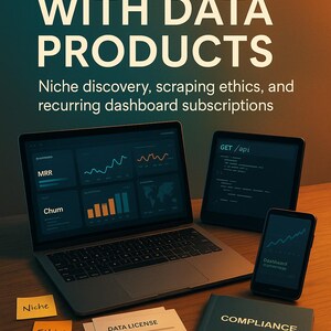 May include: Image of a book cover titled "MONETIZE WITH DATA PRODUCTS" with a laptop, tablet, and smartphone displaying data visualizations. There are also sticky notes and documents with text like "DATA LICENSE" and "COMPLIANCE".