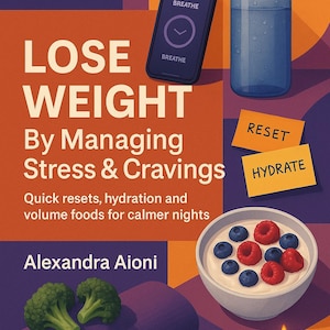 May include: Book cover titled "LOSE WEIGHT By Managing Stress & Cravings" with a water bottle, phone, and bowl of berries. The cover also includes text that says "Quick resets, hydration and volume foods for calmer nights" and the author's name.