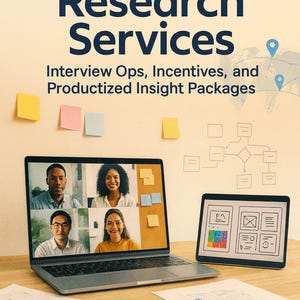 May include: A laptop and tablet are displayed, showcasing UX research concepts. The laptop screen shows a video call with four people. The text reads "Remote UX Research Services" and "Interview Ops, Incentives, and Productized Insight Packages."