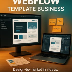 May include: Image of a desktop computer and laptop displaying website design templates. The text on the screen reads "FRAMER & WEBFLOW TEMPLATE BUSINESS". Sticky notes say "Launch in 7 days", "SEO", and "Marketplace". The text at the bottom says "Design-to-market in 7 days, repeatable launches, and marketplace traction".