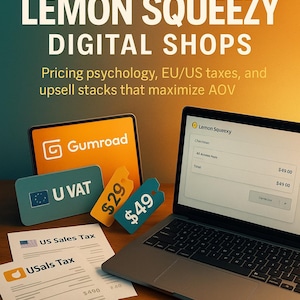 May include: Image of a laptop, tablet, and various tags and documents related to e-commerce. The text on the screen reads "Lemon Squeezy". The title "GUMROAD + LEMON SQUEEZY DIGITAL SHOPS" is displayed at the top. The author's name, Florin Daniel, is at the bottom.
