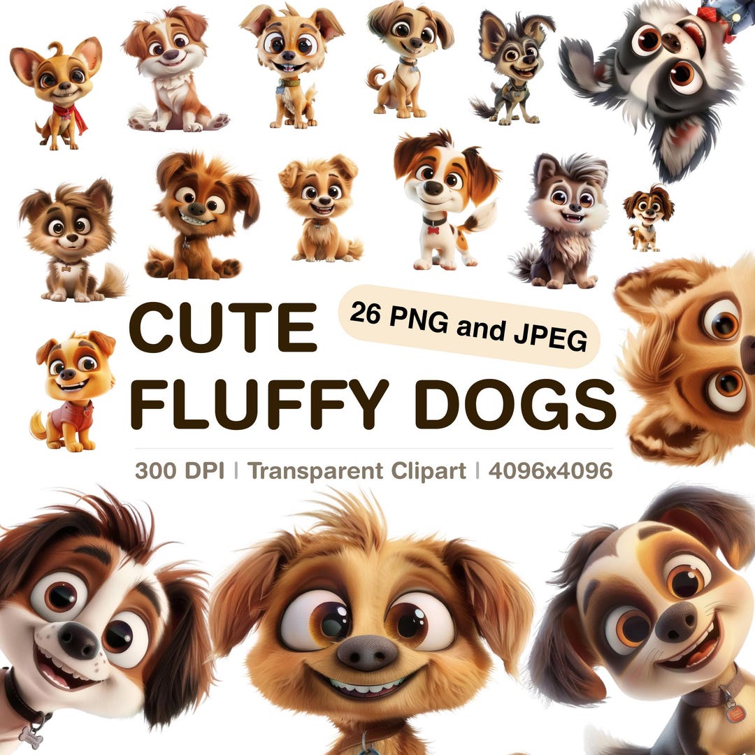 Cute Fluffy Dog Clipart | 3D Cartoon Puppy PNG JPEG (digital Download ...