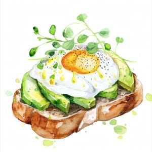 Watercolor Poached Egg Clipart: Avocado Toast Art (Digital Download, 12 JPGs 4096x4096px )