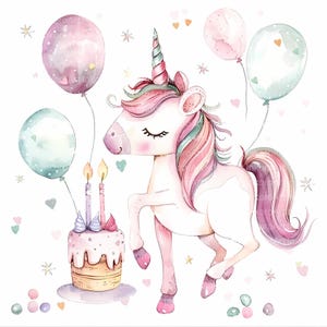 10 Pastel Unicorn Clipart | Watercolor Birthday Unicorn with Balloons & Cake | Digital Download