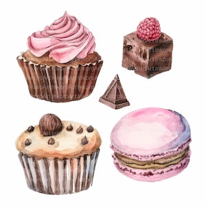 Aquarel dessert clipart | Cupcake, macaron, truffelset (digitale download)