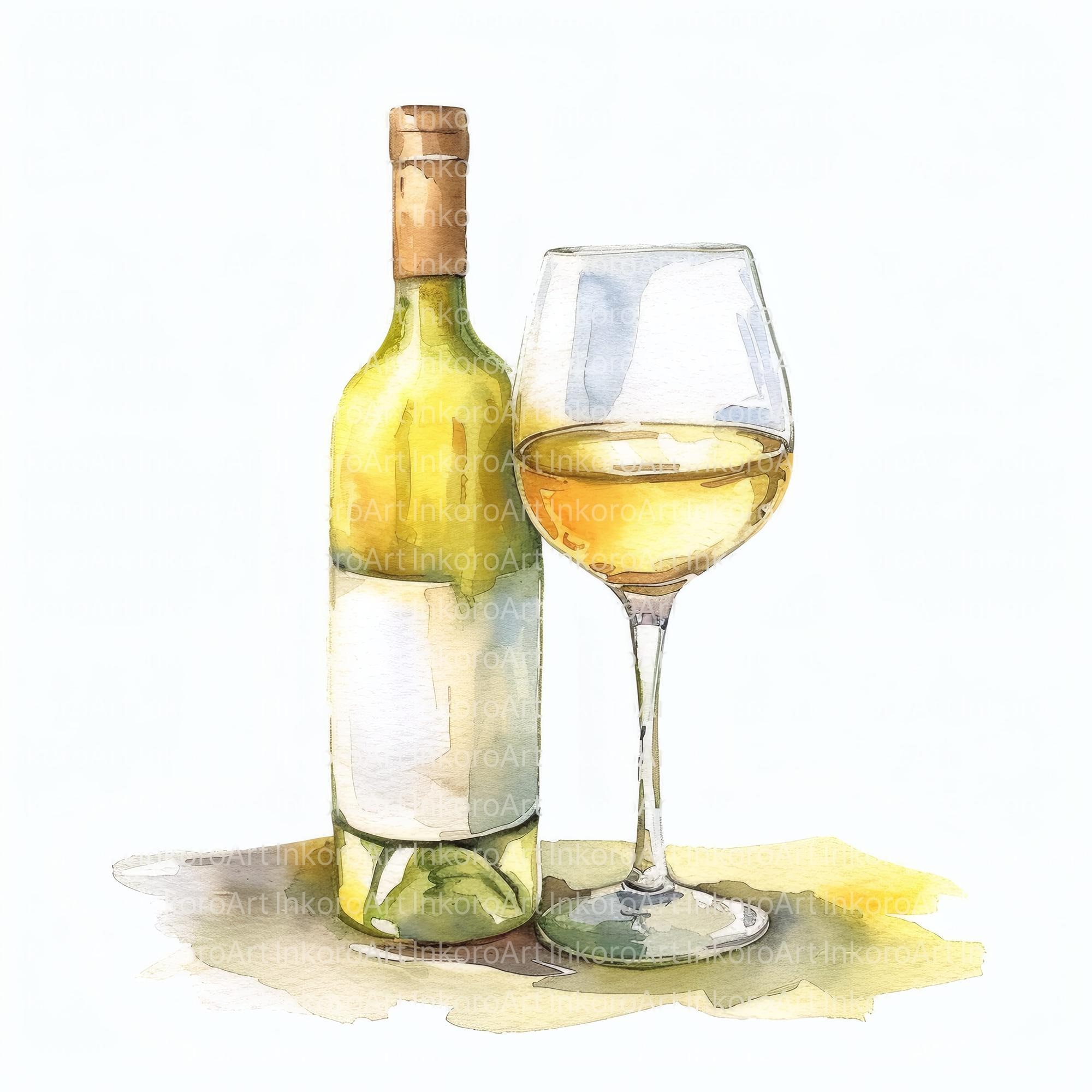Watercolor White Wine Clipart: Elegant Glass & Bottle Art (digital ...