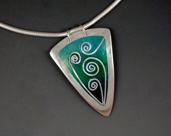 Necklace, Pendant, Fine Silver, Blue-Green Enamels, Mirror Finish, Snake Chain, For Her