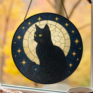 Black Cat with Moon Stained Glass Suncatcher, Black Cat Acrylic Window Decor, Moon and Cat Sun Catcher, Cat Lovers Gift, Halloween Decor