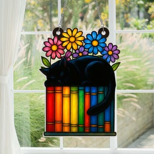 Cat Book Flower Suncatcher, Cat Book Suncatcher, Reading Cat Gift For Book Club Decor Book Lover Gift,Book Flower Acrylic Window Decor