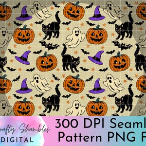 Halloween Seamless Pattern Digital Download | 300 DPI | Spooky Ghost, Cat, Pumpkin, Witch Hat Design for Sublimation, Scrapbooking & Crafts