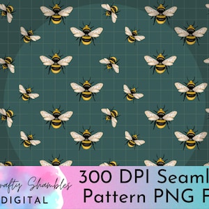 Buzzing Bees On Teal | Seamless Pattern Watercolor Style – 12x12” Digital Download | Hand-Drawn Honeybee Repeat Print | PNG | 300 DPI |