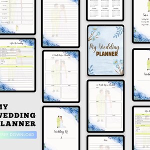 May include: A collection of digital wedding planner templates displayed on tablets. The templates feature watercolor floral designs and illustrations of a bride and groom. Text includes "My Wedding Planner" and "Free Download".