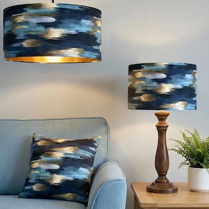 Handmade by order dark blue teal and gold texture abstract design print on velvet drum lamp shade pendant light lamp shade all shapes sizes