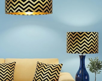 Handmade by order luxury black chevron zigzag geometric pattern on yellow gold velvet drum lamp shade pendant light lamp shade all shapes
