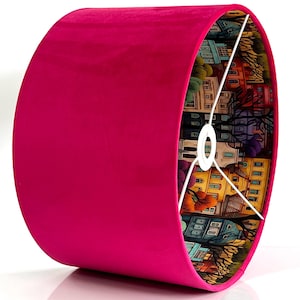 Handmade by order hot pink velvet and inside rainbow coloured homes pattern double side drum lamp shade pendant light lamp shade all sizes