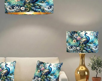 Handmade by order super luxury peacock bird feather paradise peacock velvet drum table lamp shade pendant light lamp shade all sizes availab