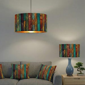 Handmade by order multicoloured paint art on antique wooden panels print on velvet drum lamp shade pendant light lamp shade all shapes sizes