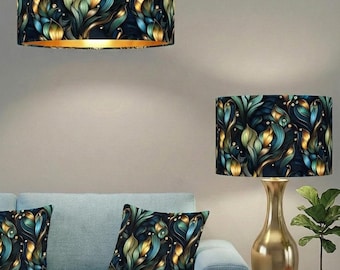 Handmade by order peacock teal blue digital flower leaves plant pattern on velvet drum table and ceiling lamp shade all sizes shapes lining