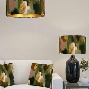 Handgemaakt op bestelling luxe olijf donkergroen goud abstracte verf kunst fluwelen trommel lampenkap hanglamp lampenkap alle vormen