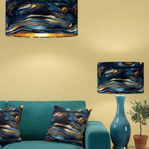 Handgemaakt op bestelling luxe diepblauwe en gouden golfmarmerpatroon op fluwelen trommel lampenkap hanglamp lampenkap alle soorten en maten verkrijgbaar