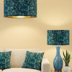 Handgemaakt op bestelling luxe jade groenblauw blauwe en gouden kubus abstract patroon trommel fluwelen lampenkap hanglamp lampenkap alle soorten en maten
