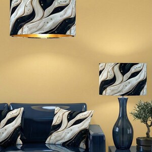 Op bestelling handgemaakt luxe velevt zwart-witte parel golf marmereffect met parelkralen print op fluwelen trommel lampenkap hanglamp lampenkap