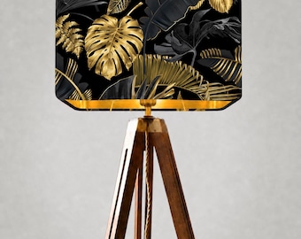 Handmade by order luxury black gold large monstera leaf plant tree pattern velvet Rounded RECTANGULAR shape table and ceiling lamp shade