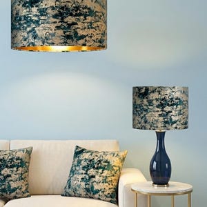 Handmade by order emerald green with gold shimmer foilded abstract print velevt drum lamp shade pendant light lamp shade all shapes and size