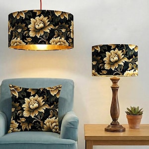 Handgefertigt auf Bestellung Luxus Schwarz Gold Rosen floral Priny auf Samt Trommel Tisch und Decken Lampenschirm alle Formen und Größen erhältlich alle lini