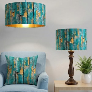 Handmade by order jade teal yellow peeling paint art on antique wooden panels print on velvet drum lamp shade pendant light lamp shade