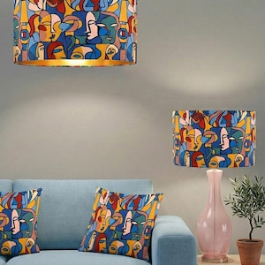 Handmade by order luxury picasso abstract faces art print on velvet drum lamp shade pendant light lamp shade all shapes and sizes available