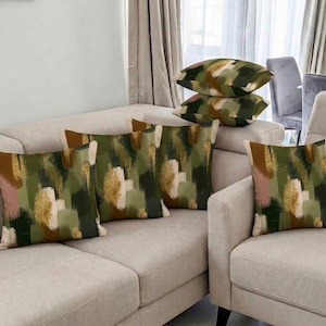 Handmade by order luxury olive dark green and gold paint abstract pattern velvet Cushion covers bespoke sizes available