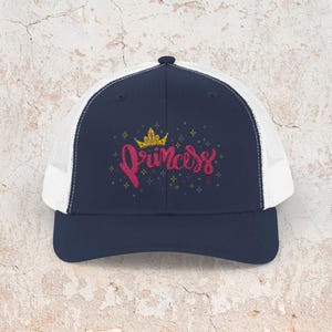 Kids Princess Trucker Cap: Pink Embroidery, Golden Crown & Stars