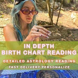 May include: A person with blue hair and purple glasses is holding a hand with nail art. The image includes text: "IN DEPTH BIRTH CHART READING", "DETAILED ASTROLOGY READING", and "FAST DELIVERY-PERSONALIZE". A deck of cards is visible.