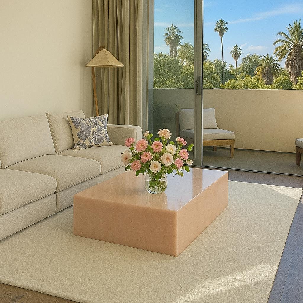 照明付きピンクオニキスコーヒーテーブル：エレガントなリビングルーム