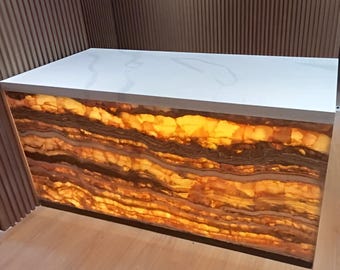 Luxury Natural Onyx Stone Countertop | Glowing Backlit Kitchen Island / Bar Counter Top