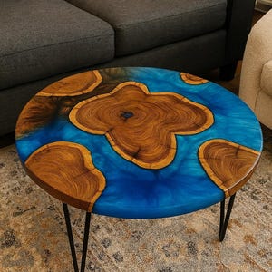 Blue Epoxy Resin River Coffee Table: Live Edge Wood Center Table