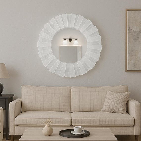 Miroir Mural En Pierre De Sélénite Naturelle - Cadre Rond Blanc 18 Pouces - Personnalisable - Neuf