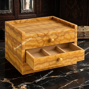 Handcrafted Golden Onyx Jewelry Box: Brass Knobs, Vanity Organizer