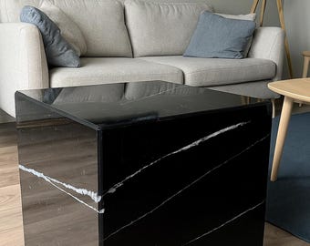 Modern Black Marquina Cube Coffee Table Stone Accent Table with White Veining
