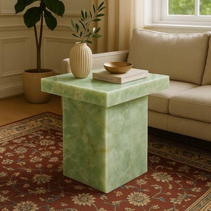 May include: A square, light green side table with a matching base. A beige vase with olive branches, a gold bowl, and a book rest on top. The table sits on a red floral rug. A beige sofa and a potted plant are in the background.