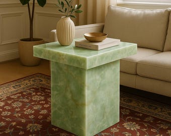 Mesa de pedestal de ónix verde: mesa auxiliar de lujo artesanal con iluminación opcional