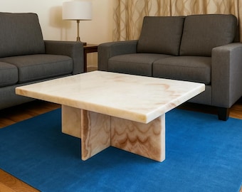 Mesa de centro artesanal de piedra ónix / Mesa auxiliar de mármol beige crema