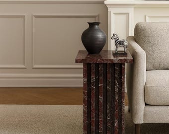 Handmade Rosso Levanto Marble Side Table: Fluted Pedestal Accent Table