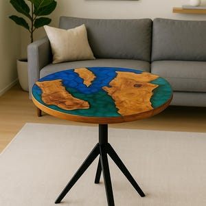 Ocean Resin Wood Side Table: Handmade Epoxy Accent Table with Live Edge