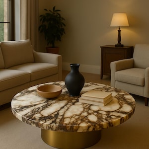 Puede incluir: Una mesa de centro redonda con una tapa de mármol con vetas marrones y crema, sobre una base dorada. Un jarrón negro, un cuenco de madera y una pila de libros están sobre la mesa. La habitación tiene muebles y decoración de tonos neutros.