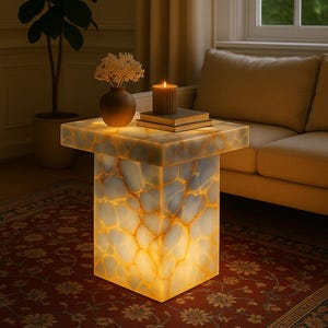Elegant bluish grey Onyx Pedestal Table with Optional Inner Lighting – Handcrafted Luxury Side Table for Modern Interiors